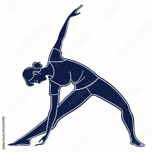 Silhouette of a woman performing the triangle pose in yoga emphasizing flexibility and balance in her body