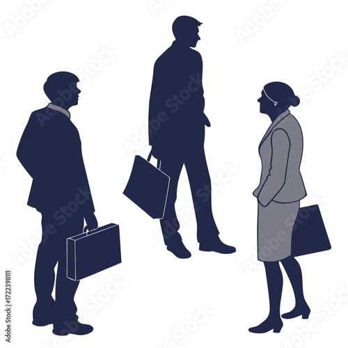 Diverse business professionals in silhouette form carrying briefcases representing teamwork and corporate collaboration