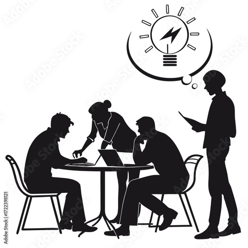 Diverse group of business professionals collaborating around a table with laptops and a lightbulb idea symbol above their heads