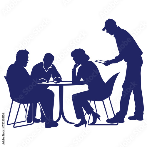 Diverse group of people in silhouette gathered around a table discussing ideas and using a tablet device
