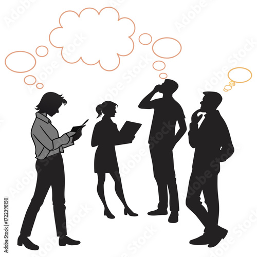 Diverse group of silhouetted business people contemplating ideas and thoughts in a modern office setting