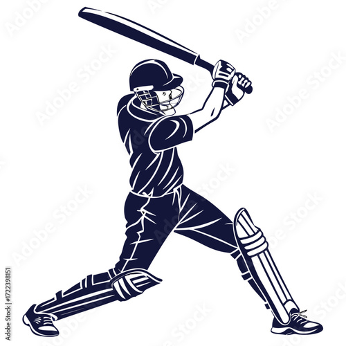 Dynamic illustration of a cricket batsman in action swinging the bat with full force during a game