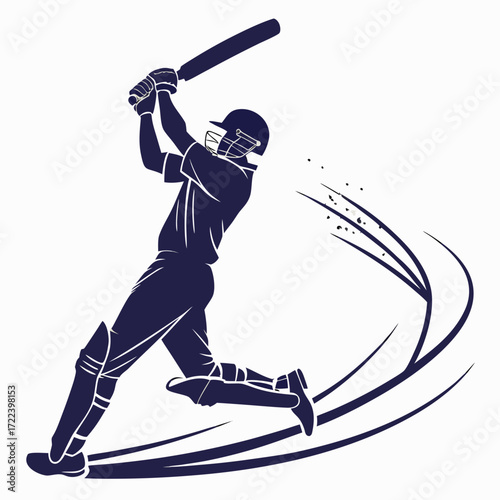 Dynamic dark blue silhouette of a cricket batsman in action hitting a powerful shot with motion lines and dust particles