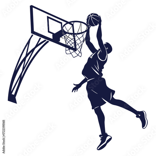 Dynamic silhouette of a basketball player performing a powerful dunk over the hoop with the ball