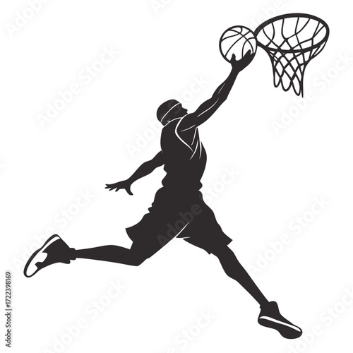 Dynamic silhouette of a basketball player in mid air performing a slam dunk over the hoop