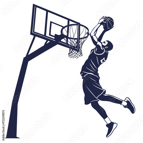 Dynamic silhouette of a basketball player performing a powerful slam dunk over a white background with a basketball hoop