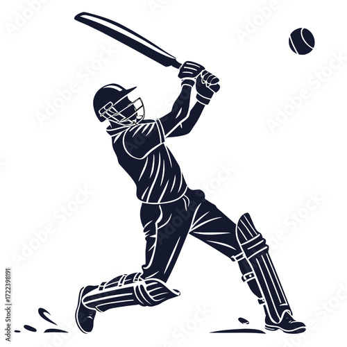 Dynamic silhouette of a cricket batsman in action hitting a powerful shot with the ball in mid air