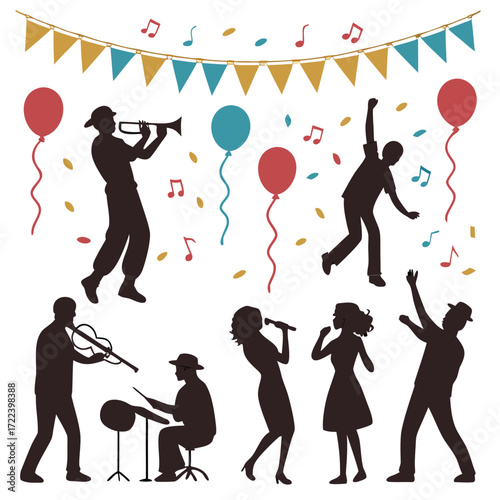 Silhouettes of musicians and dancers celebrating at a lively party with balloons and festive decorations