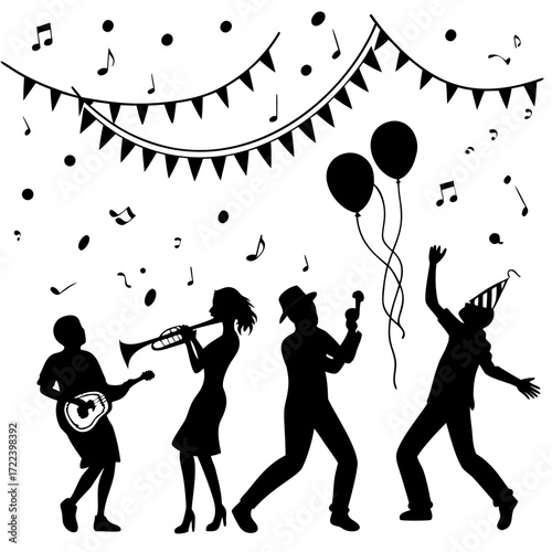 Silhouetted musicians and dancers celebrating with balloons and festive bunting under falling musical notes