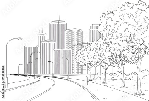 Artistic hand drawn sketch of a modern city skyline with tall buildings and a tree lined street in a black and white illustration