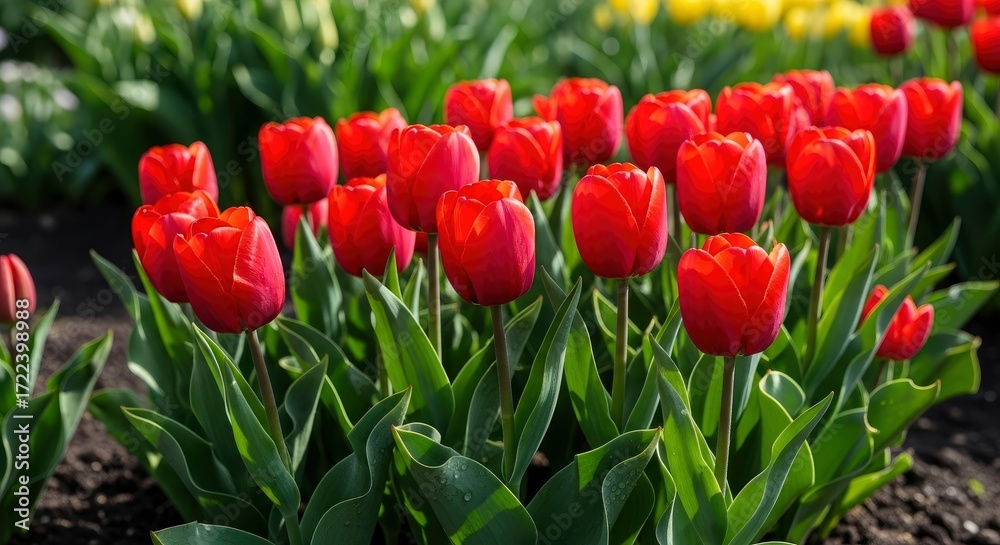 Obraz premium Vibrant red tulips stand upright in a garden bed with lush green leaves Out-of-focus yellow flowers appear in the background