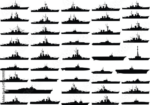 Collection of silhouette illustrations of various types of naval warships and military vessels in a grid layout