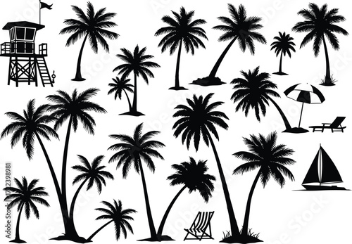 Collection of silhouette palm trees and beach elements including lifeguard tower umbrella chairs and sailboat