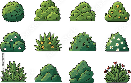 Collection of twelve diverse green bushes and shrubs in various shapes and sizes for landscaping and garden design elements