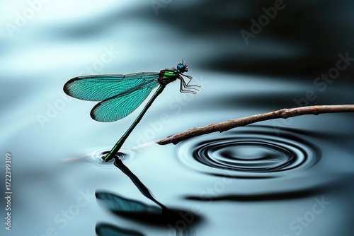 This is close: insect near water, macro style, pond environment.

Shortcomings: it’s a dragonfly rather than a damselfly in the description; the exact coloration