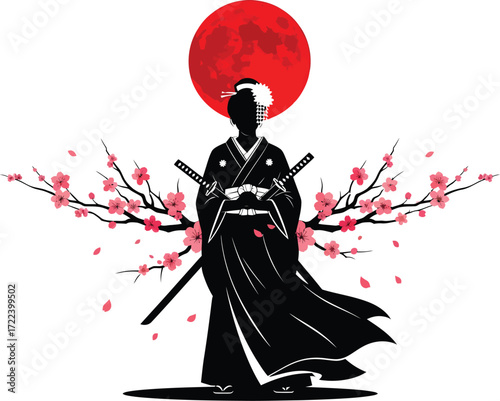 Silhouette of a japanese warrior woman in traditional kimono with crossed swords and blooming cherry blossoms beneath a red sun
