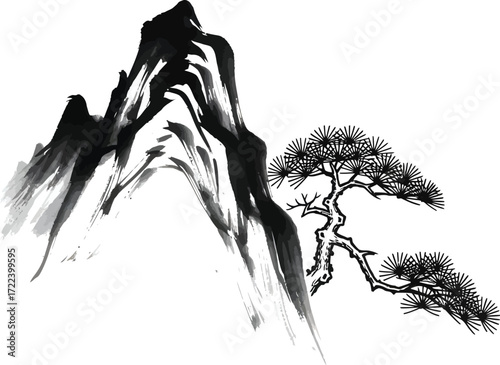Traditional chinese ink wash painting of a majestic mountain peak with a gnarled pine tree in a minimalist style