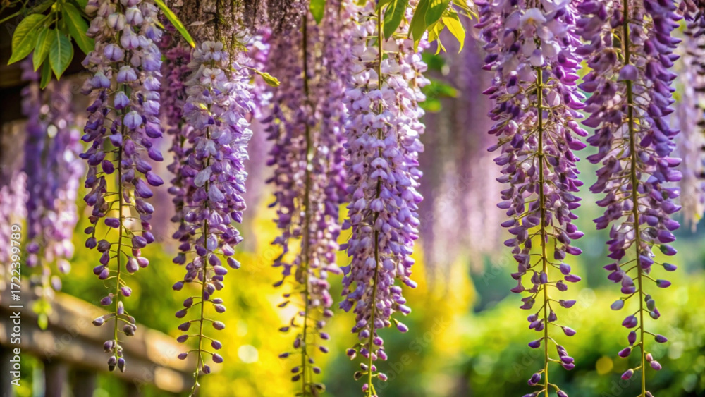 Obraz premium Beautiful cascading wisteria flowers bloom in vibrant purple hues outdoors