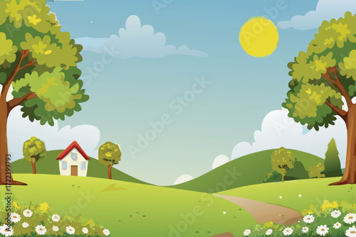 A cheerful cartoon landscape with trees a house and a bright sun