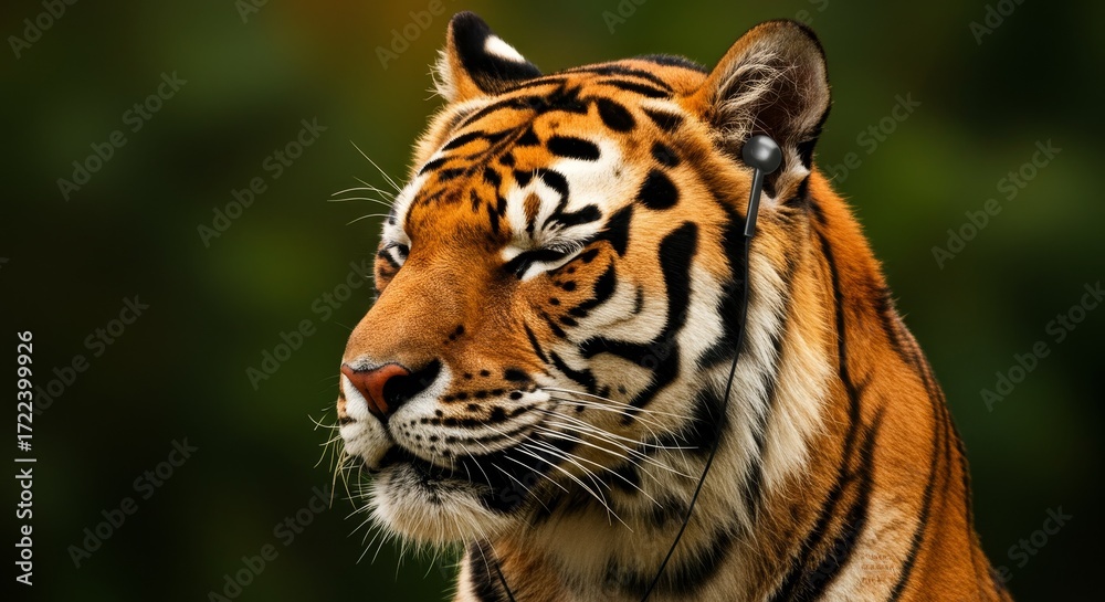 Obraz premium Photorealistic image of a majestic tiger wearing black headphones, eyes closed in a relaxed pose. The animal is set against a natural green forest background, perfect for wildlife-themed music promoti