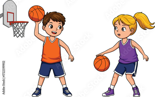 Cartoon boy and girl playing basketball, dribbling ball, fun kids sports illustration, teamwork activity, school game practice, healthy lifestyle exercise