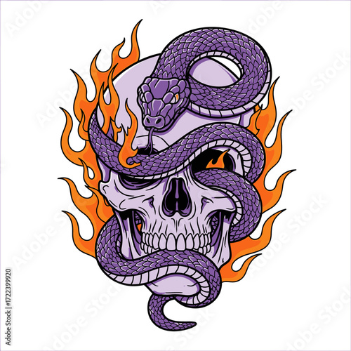 A menacing purple snake coiled around a human skull, set against a backdrop of vibrant orange flames.