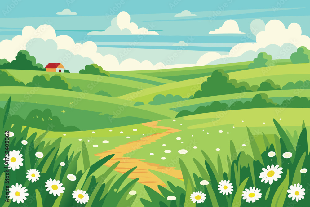 Naklejka premium A picturesque landscape featuring a winding path and charming countryside home