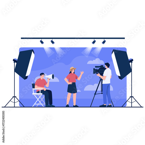 Film set with director actor and cameraman