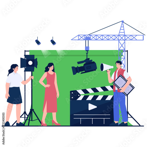 Film set with green screen camera and crew