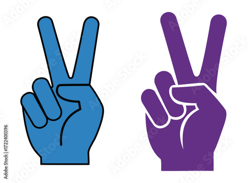 Two hand icons making the peace sign gesture in different colors, a symbol for peace, harmony, victory, and solidarity