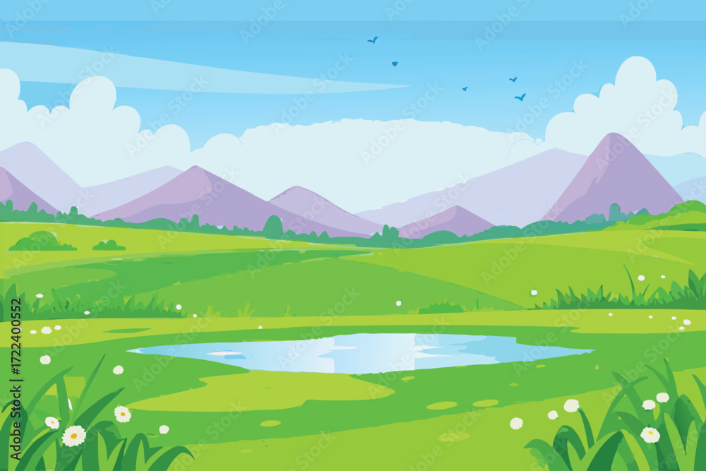 Obraz premium A peaceful cartoon landscape featuring mountains a meadow and a small pond