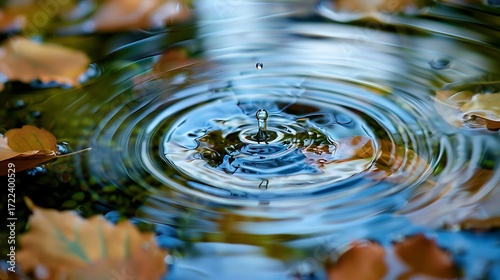 single water droplet creating ripples in pond with visible pebbles underwater