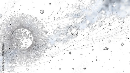 Minimal Cosmic Drawing with Planets, Stars, and Moon