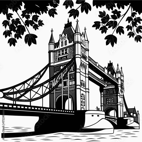 "Tower Bridge silhouette art London UK skyline poster, iconic suspension bridge landmark illustration, black and white minimalist travel wall decor for world cultural architecture lovers"