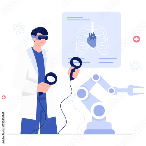 Doctor using VR to view a 3D heart and robotic arm