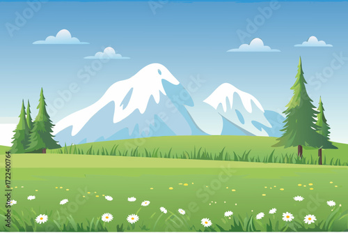 A serene landscape featuring majestic mountains lush greenery and a clear sky