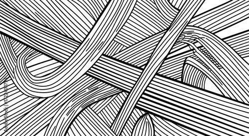 Dynamic abstract illustration featuring a complex tangle of curved and straight lines creating an intricate woven pattern in monochrome design, perfect for contemporary artistic backgrounds