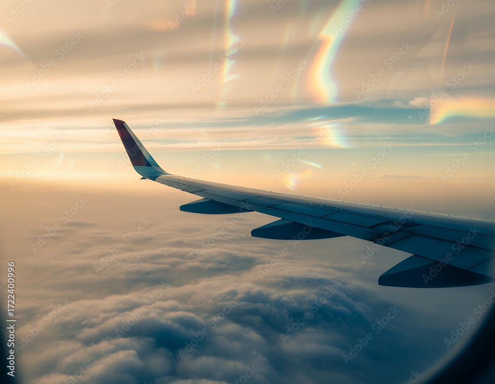 Obraz premium Airplane wing above the clouds during a stunning sunset.