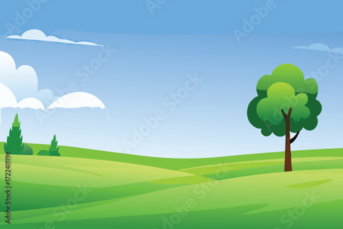 A bright green landscape with a lone tree and a blue sky