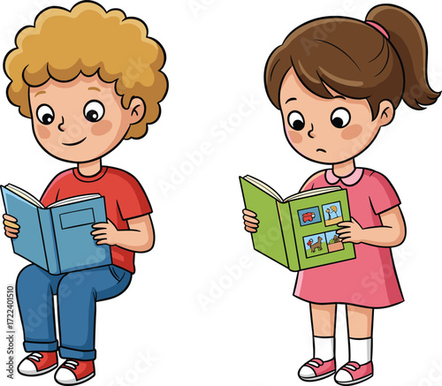 Cartoon boy and girl reading books, children education illustration, kids studying activity, school learning concept, childhood reading habit, knowledge development
