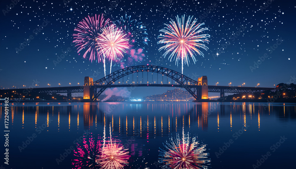 Obraz premium New Year’s Eve fireworks over city bridge reflecting in water 