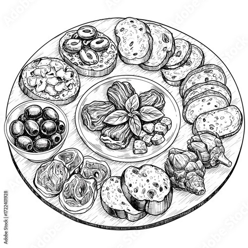 Italian antipasti platter sketch with various ingredients and textures  