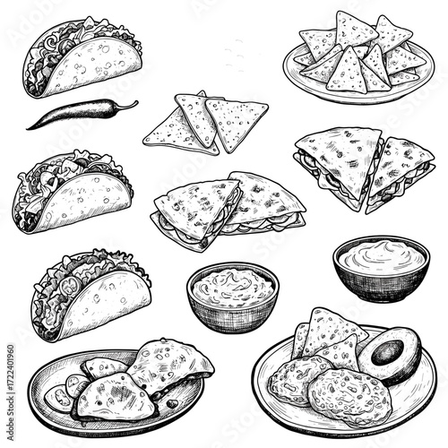 Mexican snacks including tacos, nachos, quesadillas, and dips  