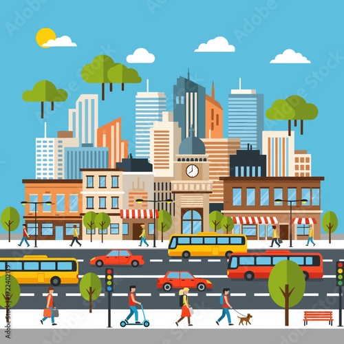 Vibrant flat design illustration of a bustling urban city street, featuring diverse people, modern architecture, and daily life with various transportation modes
