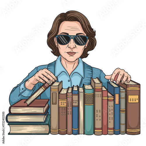 Vector Illustration of Woman with Sunglasses and Books in Modern Minimalist Style in Blue Tones