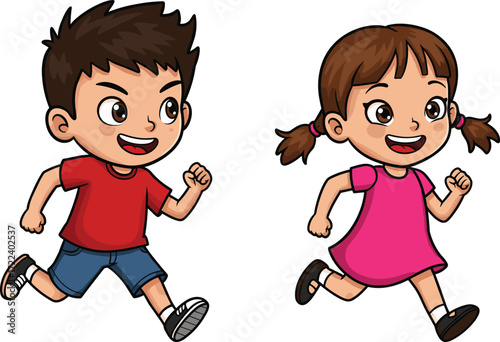 Cartoon boy and girl running happily together, active children illustration, playful kids exercising, outdoor fun activity, healthy lifestyle, happy childhood moments