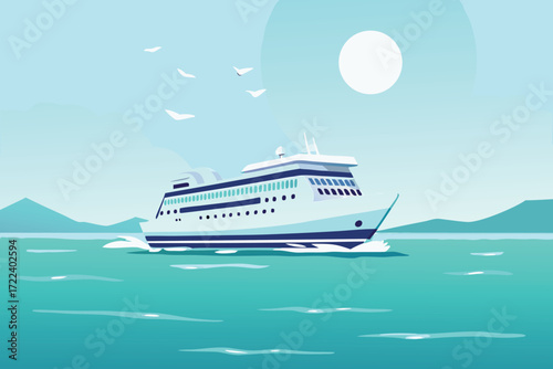 A blue and white cruise ship sailing on a bright blue ocean