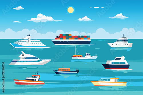 Various water vessels sailing on a bright blue ocean under a sunny sky