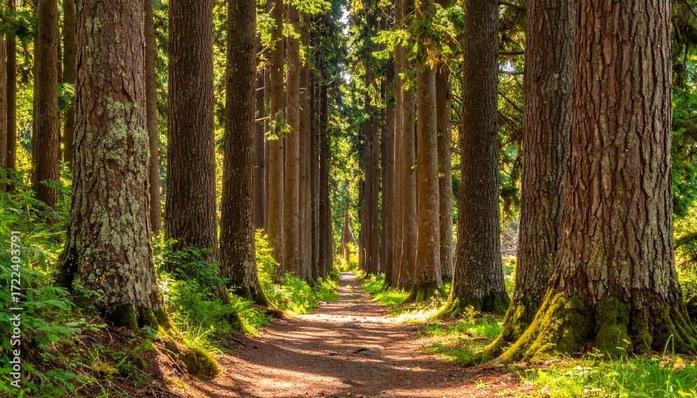 Obraz premium Sunlit path through tall evergreens