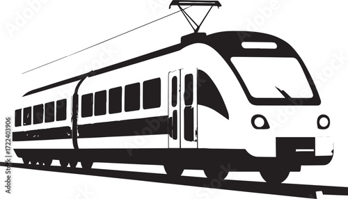 Modern electric train with overhead power lines, black and white silhouette illustration